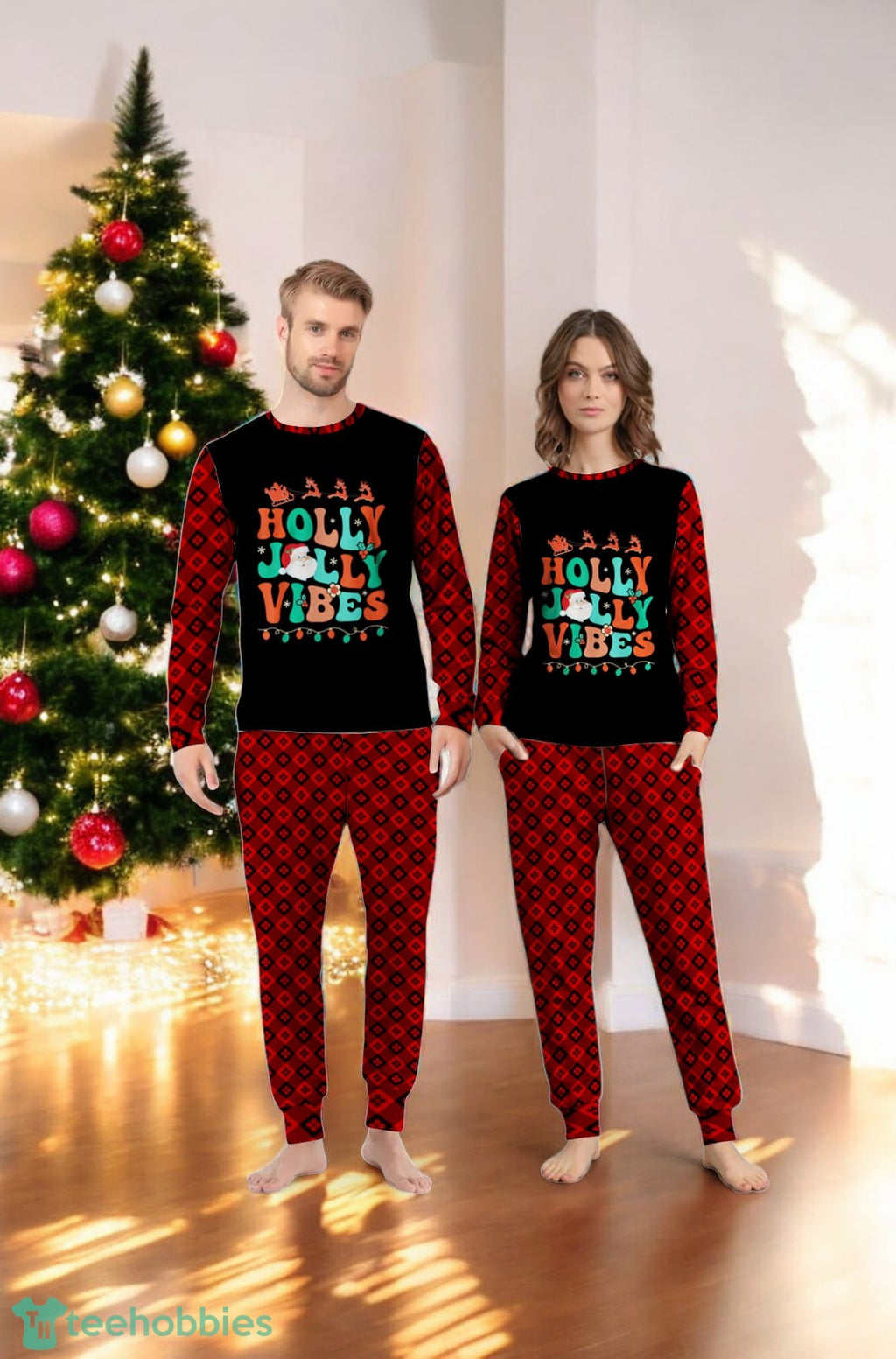 Retro Groovy Holly Jolly Vibes Christmas Family Matching Pajama Set