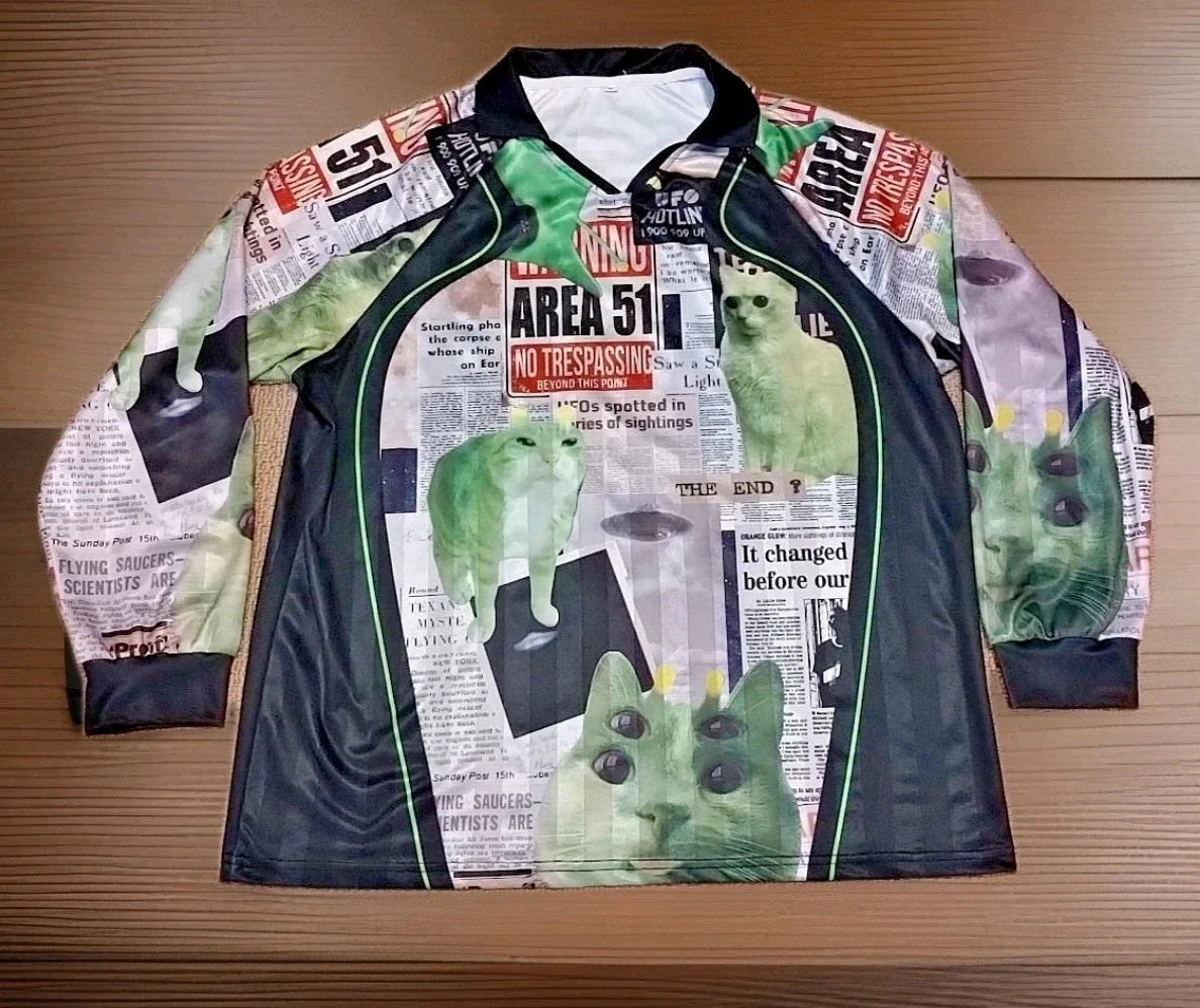 AREA 51 Soccer Jersey Alien Kitten Cats UFO Newspaper Long Sleeve Shirt Medium. Unisex , , , Long Sleeve Tee