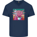 Grumpy Axolotl With Coffee Mens V-Neck Cotton Unisex , , , Long Sleeve Tee