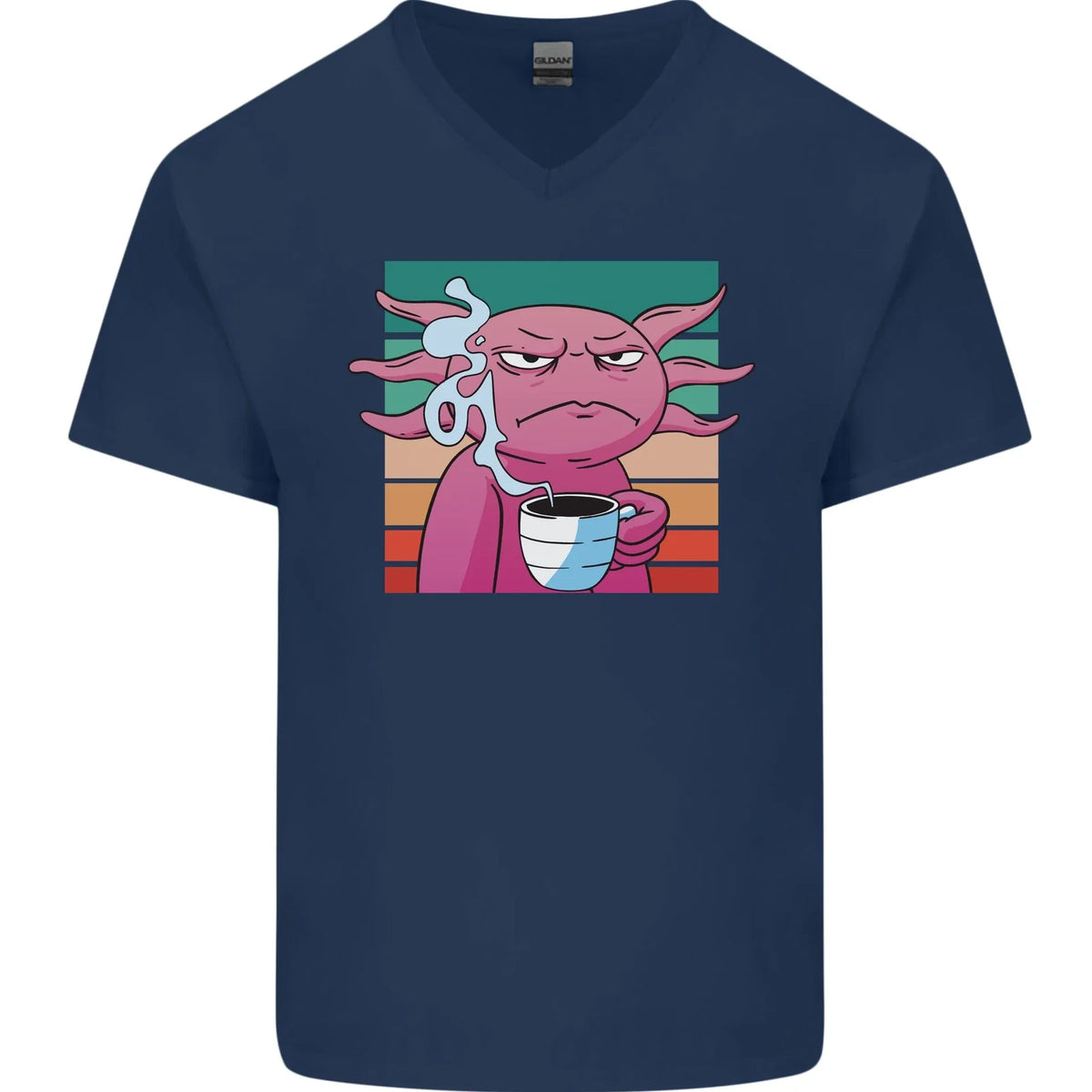 Grumpy Axolotl With Coffee Mens V-Neck Cotton Unisex , , , Long Sleeve Tee