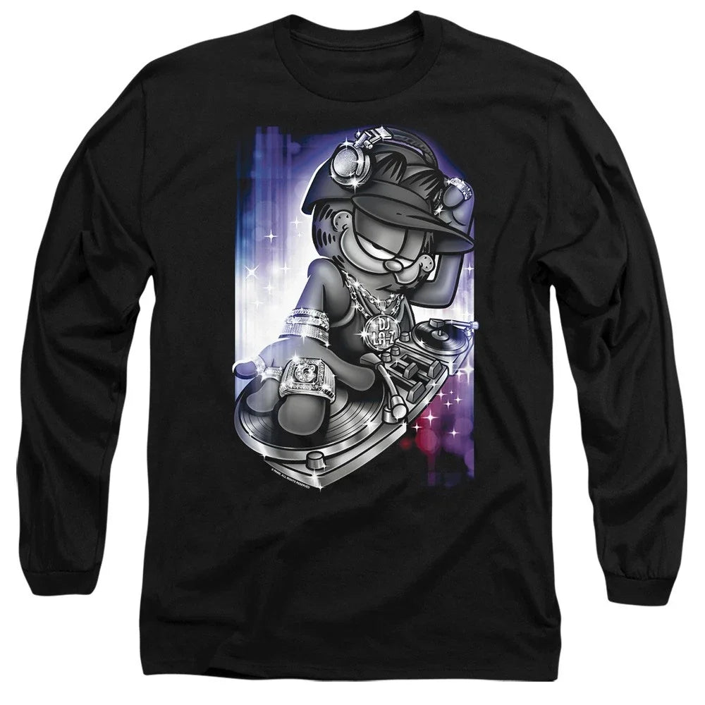 Garfield Dj Lazy Long Sleeve Tee S-2XL, Black Unisex , , , Long Sleeve Tee