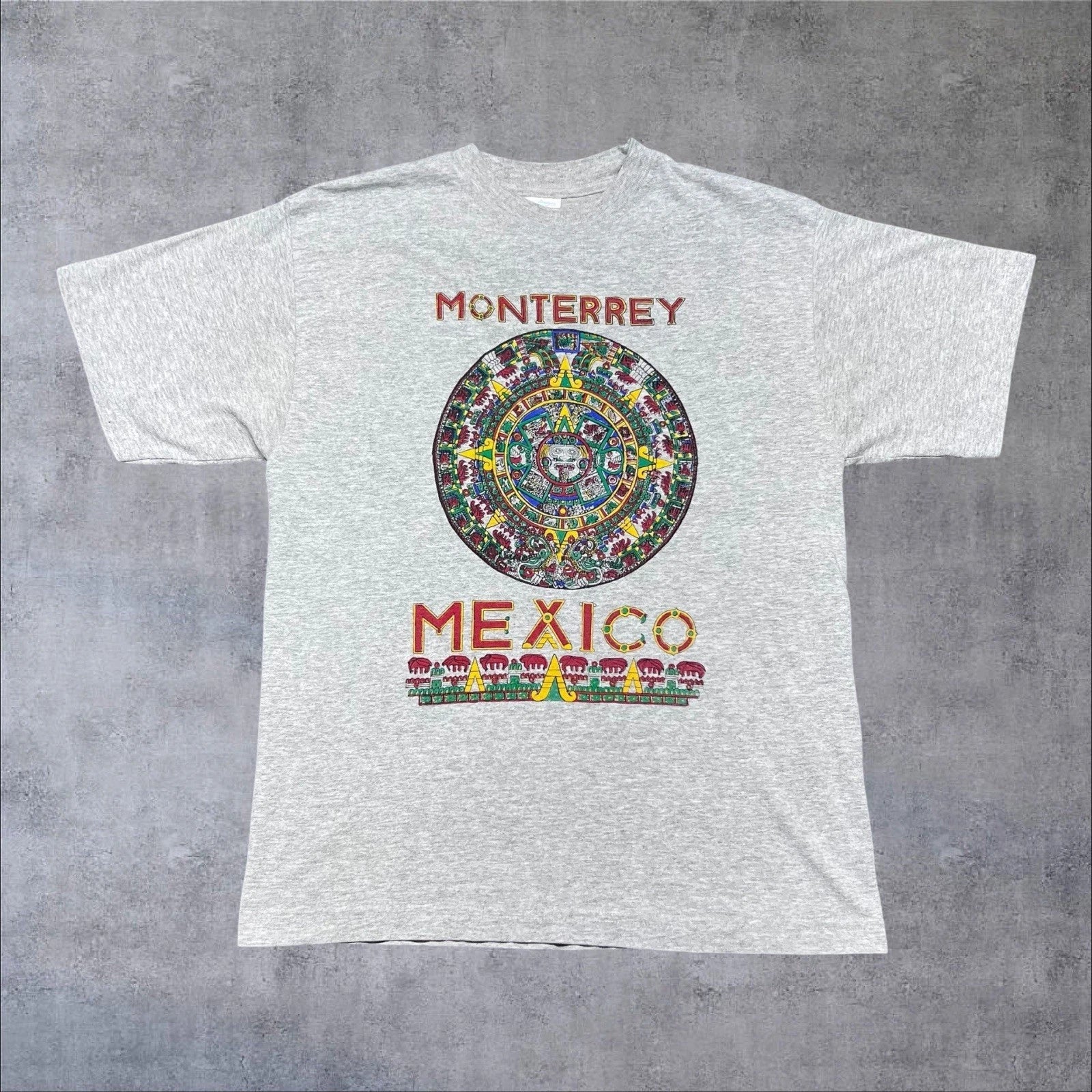 Vintage 90s Monterrey Mexico Elephant Aztec Destination Men’s Grey Tee Large Unisex , , , Long Sleeve Tee