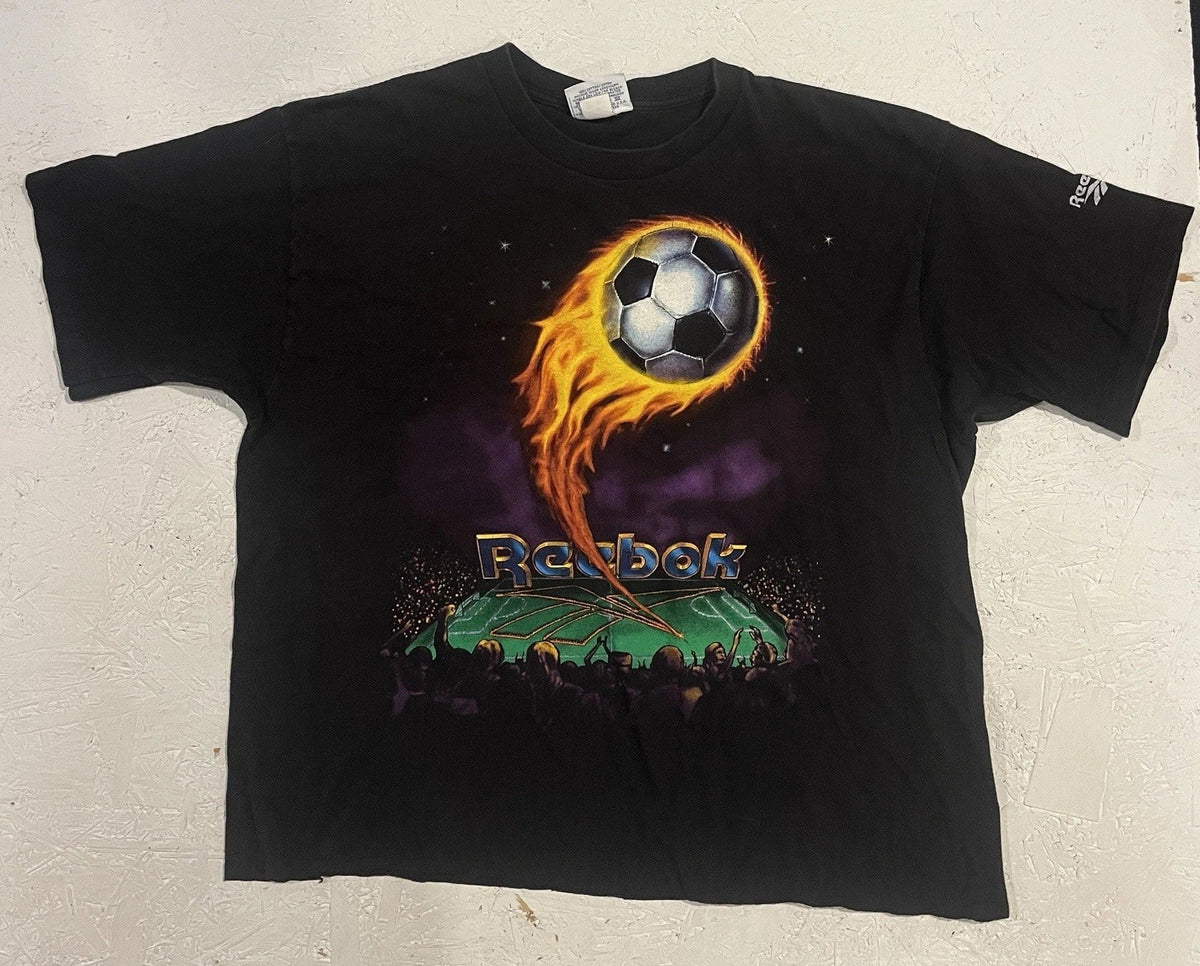 Vintage Reebok Soccer Shirt Fire Stadium Mens XL Black Graphic Print Space FLAW Unisex , , , Long Sleeve Tee