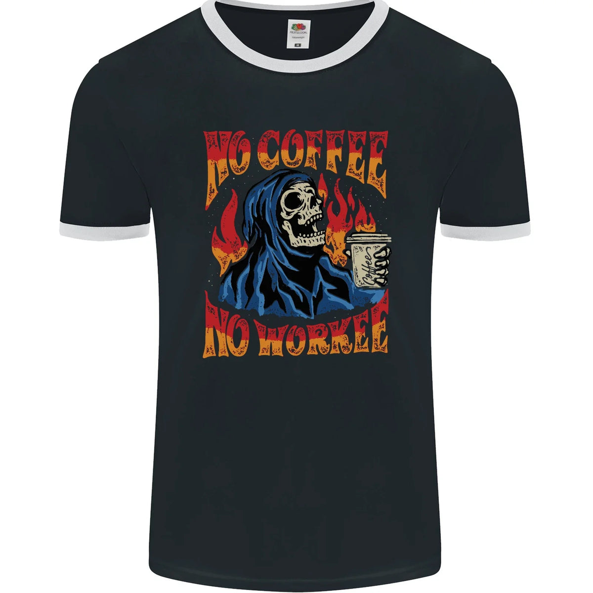 No Coffee No Work Funny Skull Grim Reaper Mens Ringer FotL Unisex , , , Long Sleeve Tee