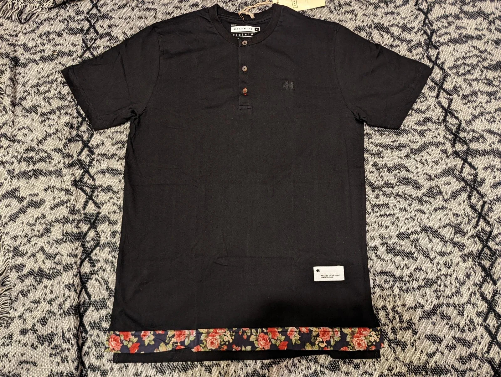 Halfwits Toronto Canada / Henley Size Large (Black & Floral Bottom) Unisex , , , Long Sleeve Tee