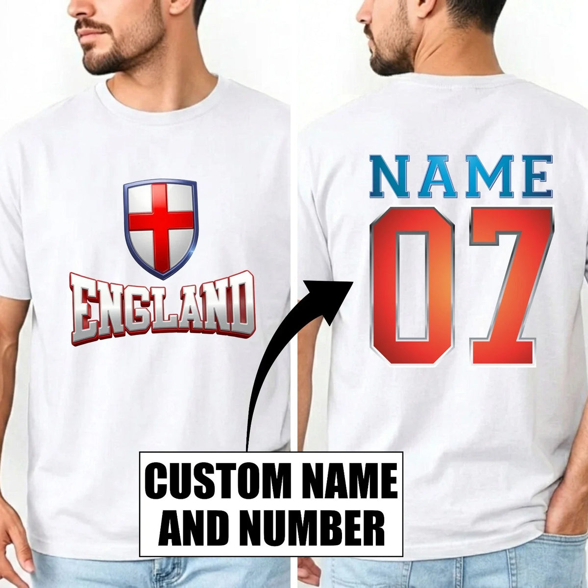 Personalised 3D Effect England Football Custom Name Number English Top Unisex , , , Long Sleeve Tee