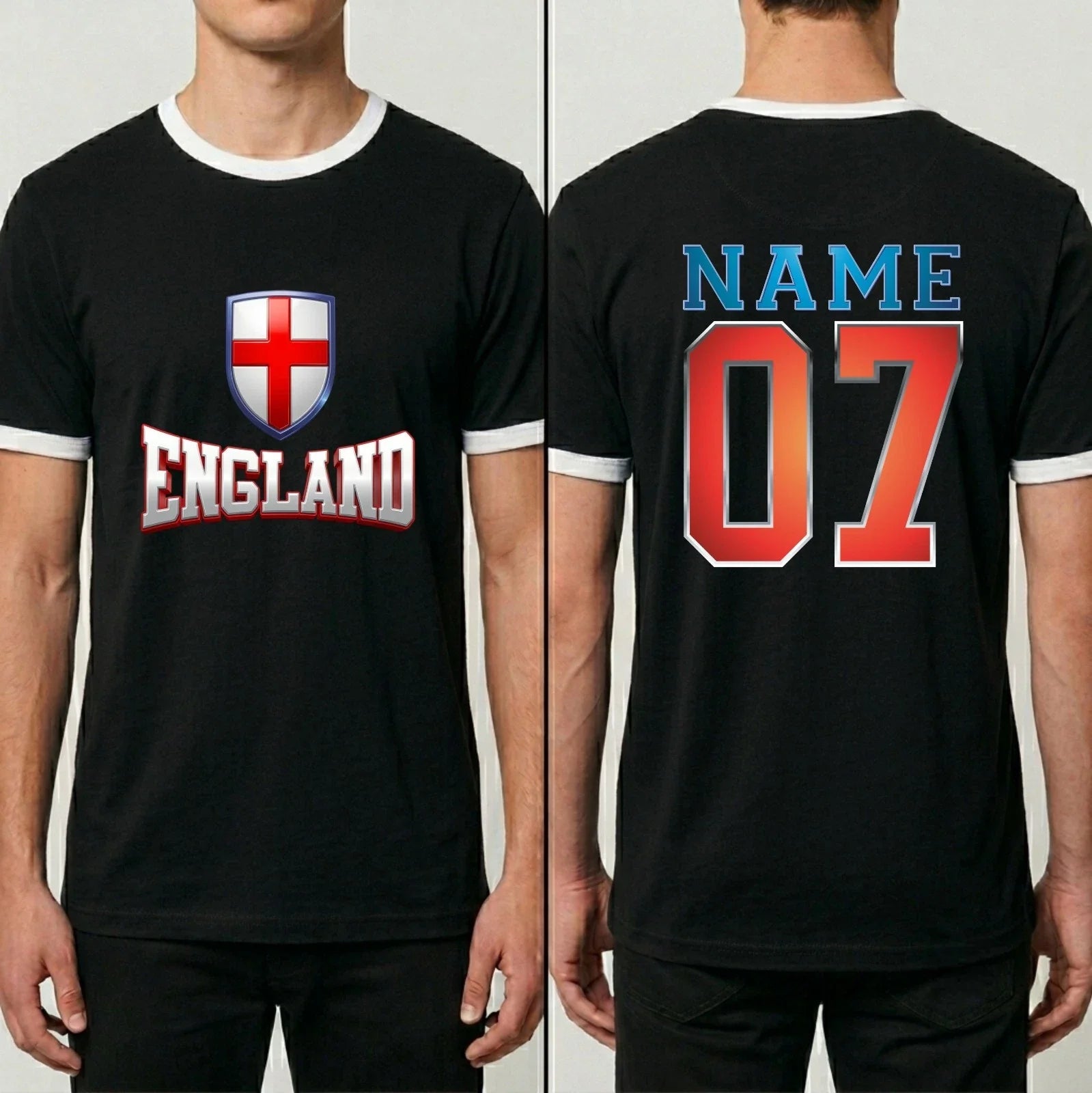 Personalised 3D Effect England Football Ringer Custom Name Number Top Unisex , , , Long Sleeve Tee