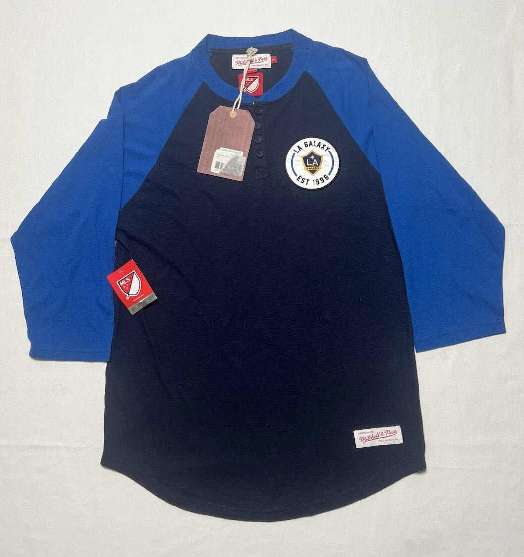 LA Galaxy Shirt Mitchell & Ness Henley Men’s S Small 3/4 Sleeve Blue MLS NWT Unisex , , , Long Sleeve Tee