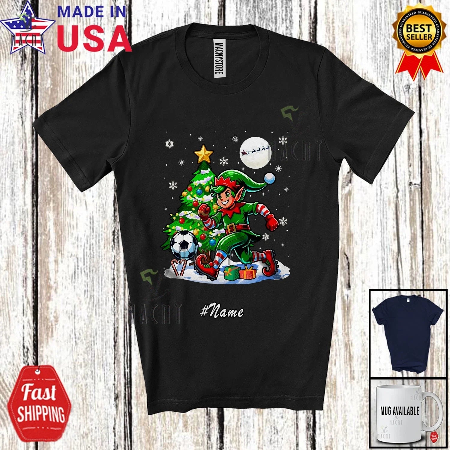 Custom Name Elf Playing Soccer; Christmas Tree Sport Player Lover Team Unisex , , , Long Sleeve Tee