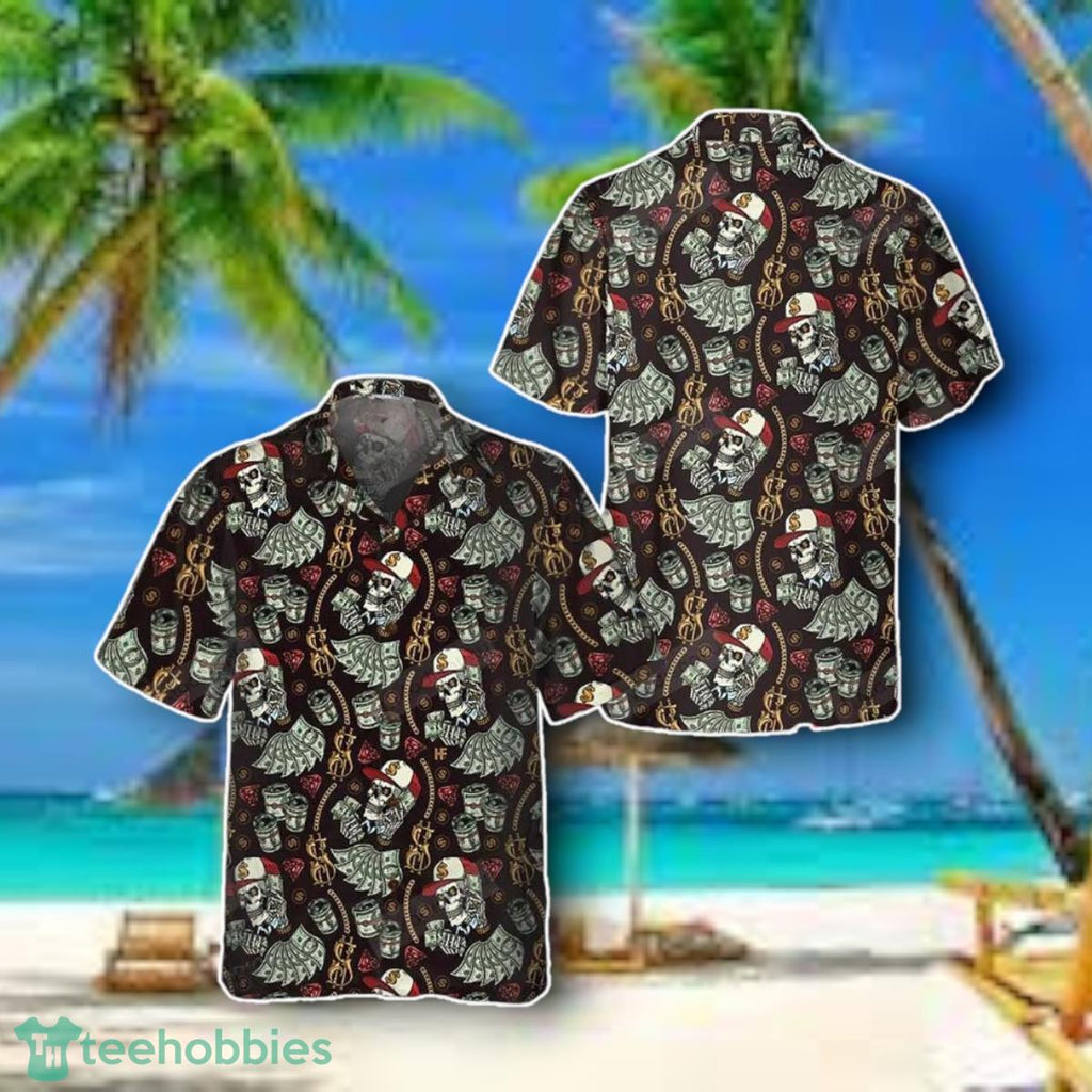 Skull And Dollars Seamless Pattern With Gold Chains Hawaiian Shirt Style Gift