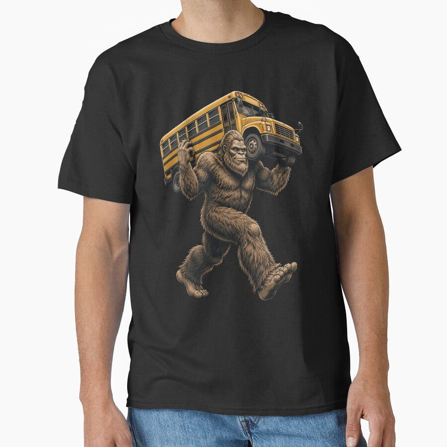 Bigfoot Carrying School Bus Funny Sasquatch Back to School by OlakunleOloroz