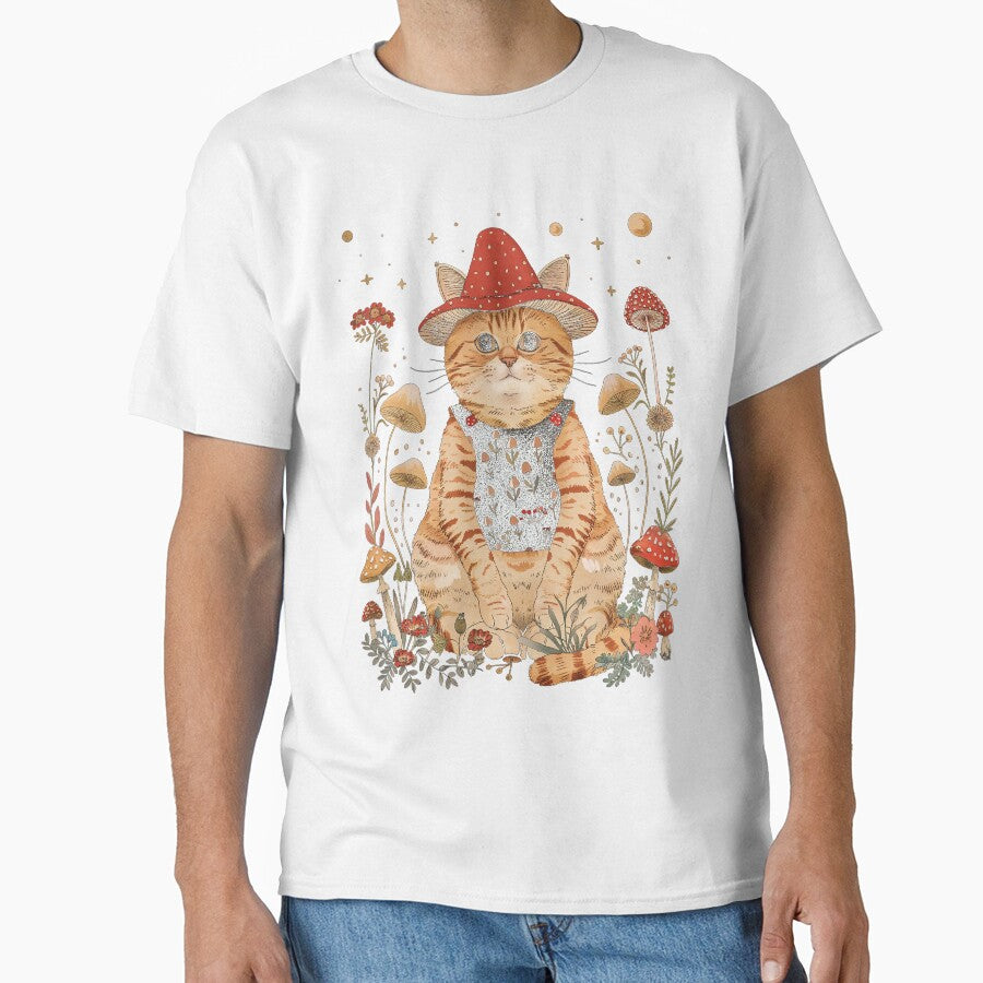 Cottagecore Mushroom Cat T-Shirt – Whimsical Cat in Red Mushroom Hat with Forest Flowers & Stars | Goblincore Aesthetic by Nyx Creates