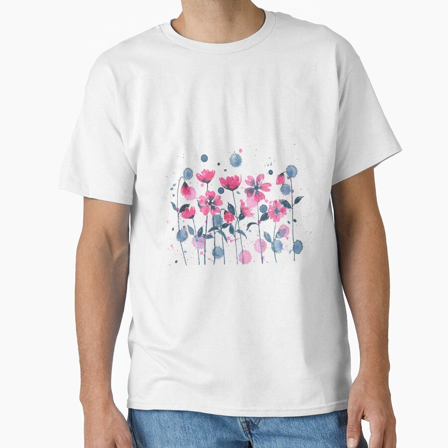 Garden of pink flowers painted with watercolors by cesartorresart