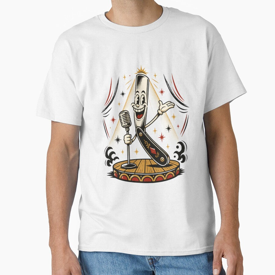 Funny Retro Cartoon Straight Razor Singing on Stage Design by Barber MD Culture
