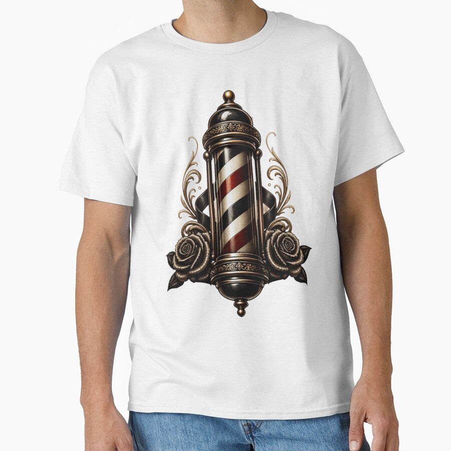 Traditional Barber Pole Tattoo Emblem with Vintage Roses by Barber MD Culture
