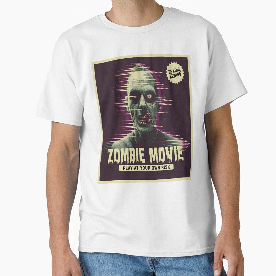 Retro Glitch Zombie Movie T-Shirt – VHS Horror Style "Play at Your Own Risk" by al21ex