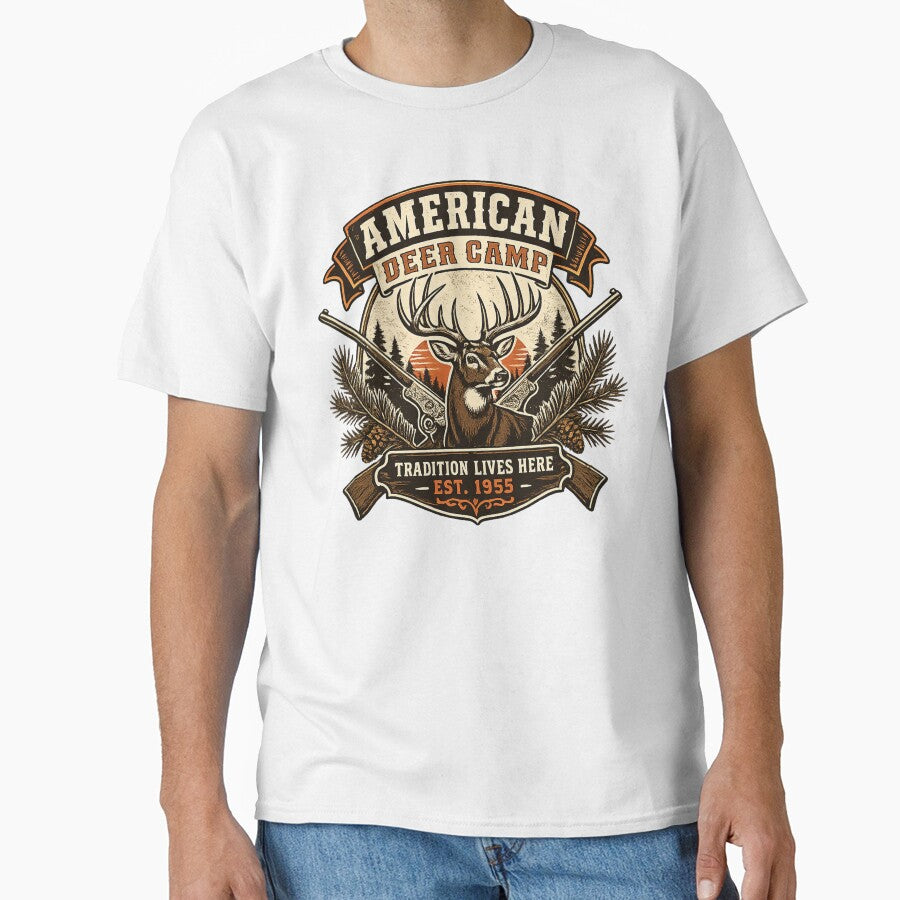 American Deer Camp – Vintage Hunting Tradition Buck Sunset Retro Design by SaDesign99
