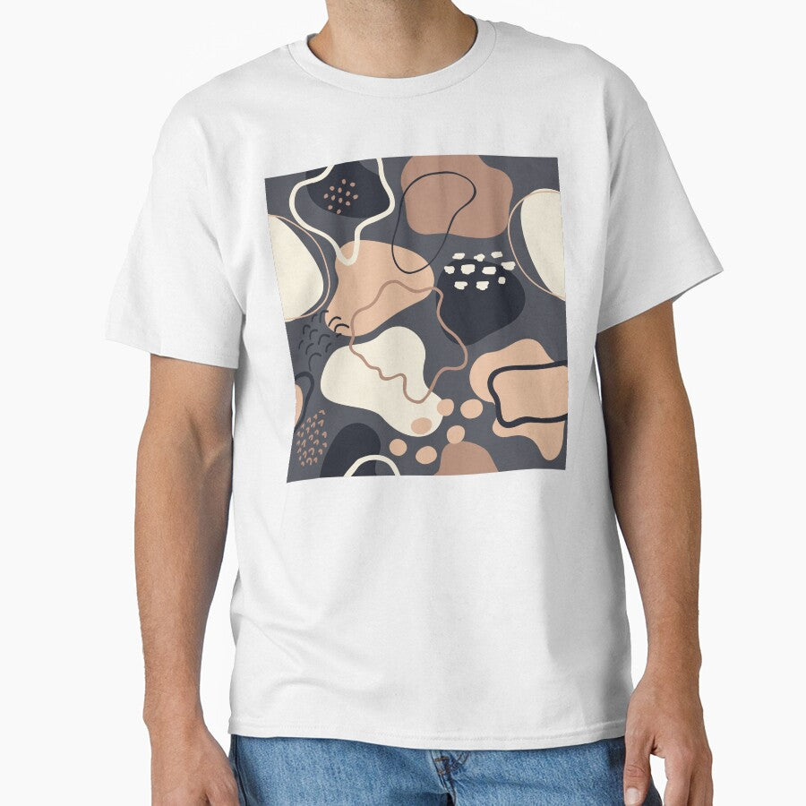 Mid century abstract shapes pattern (dark blue and pastel beige pink on gray background) by Chinxi