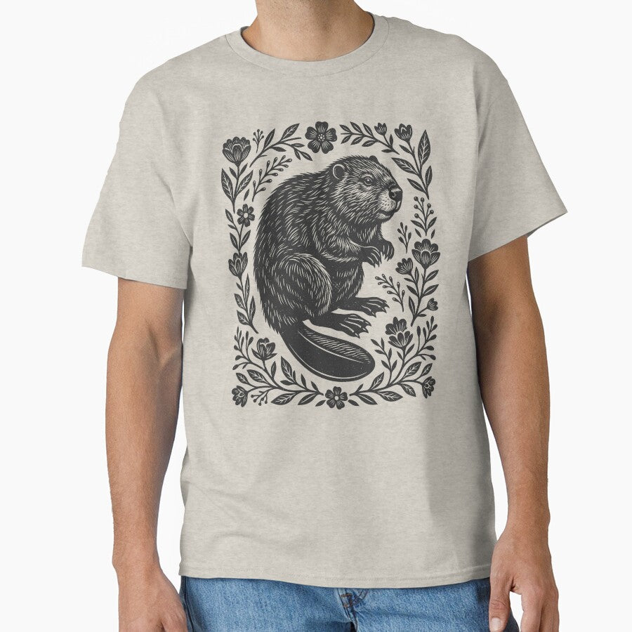 Beaver Linocut Style Floral Woodland Cottagecore by Y-Vibes