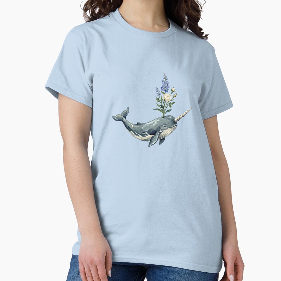 Whimsical Floral Narwhal Watercolor Art – Cute Ocean Unicorn with Wildflowers by 21 Tulips