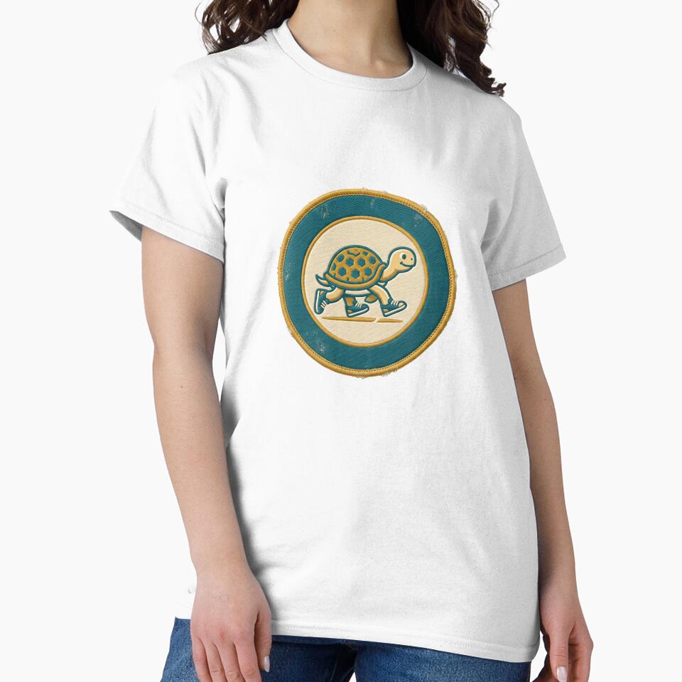 circular badge with a simple turtle  wearing running shoes by alex889art