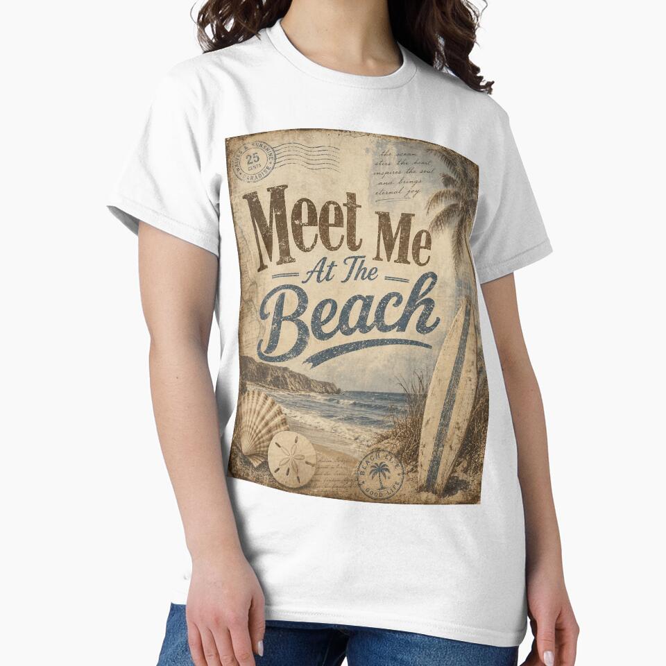 Meet Me At The Beach — Vintage Sepia Collage, Distressed Tritone Beach Graphic by Jandedan
