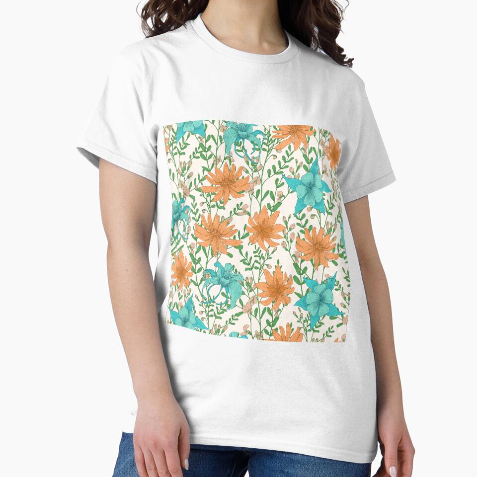 Vintage Meadow Flowers Pattern Orange and Turquoise by nouveaudecor