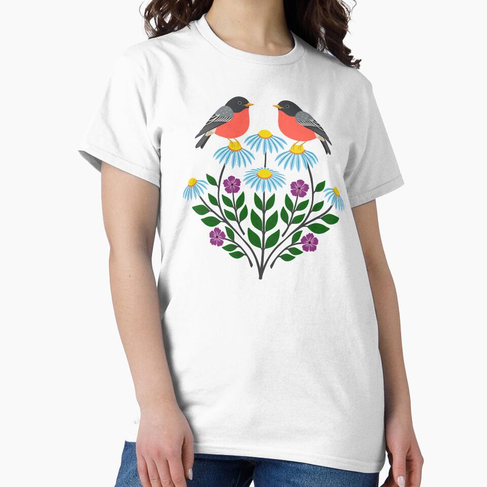Spring robins and wildflowers on pale blue by Jennifer Ladd