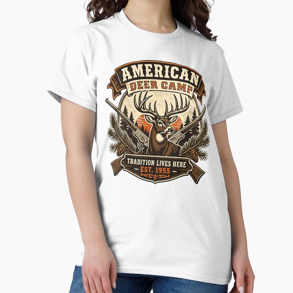 American Deer Camp – Vintage Hunting Tradition Buck Sunset Retro Design by SaDesign99