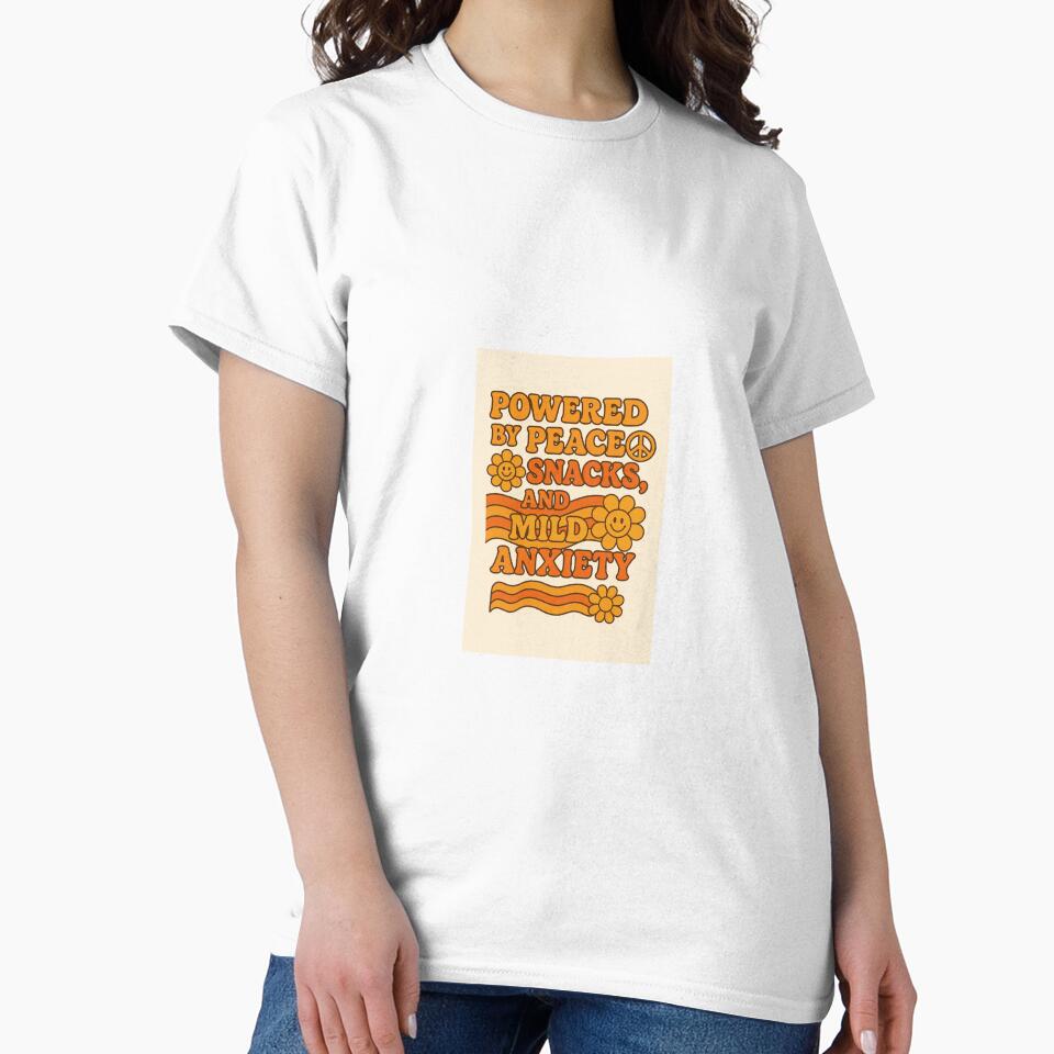 Powered by Peace, Snacks, and Mild Anxiety – Retro 1970s Aesthetic Funny Quote Design by WhimsyByPaul.redbubble.com