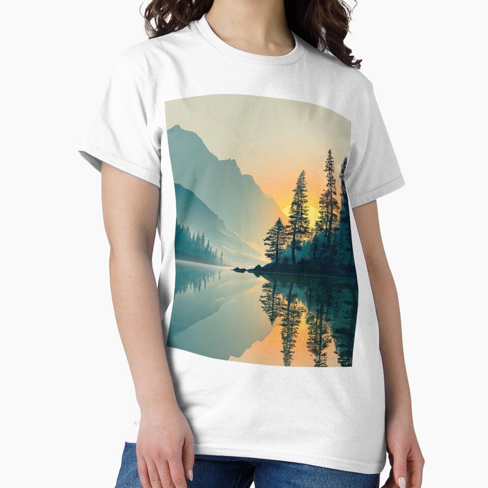 Minimalist Mountain Lake Forest Sunset Reflection Art by NicolasGlowArt