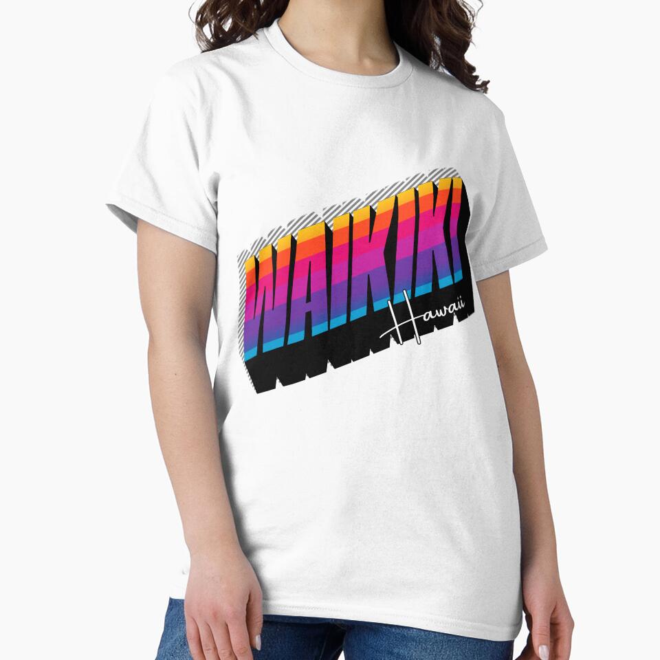 Waikiki Hawaii Retro 80s Rainbow Stripe Typography Graphic Tee by DonnaRaine