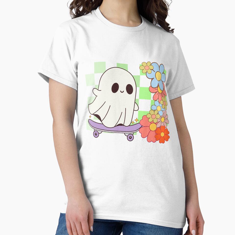 Cute Retro Floral Ghost with Skateboard Halloween by LshellDesigns