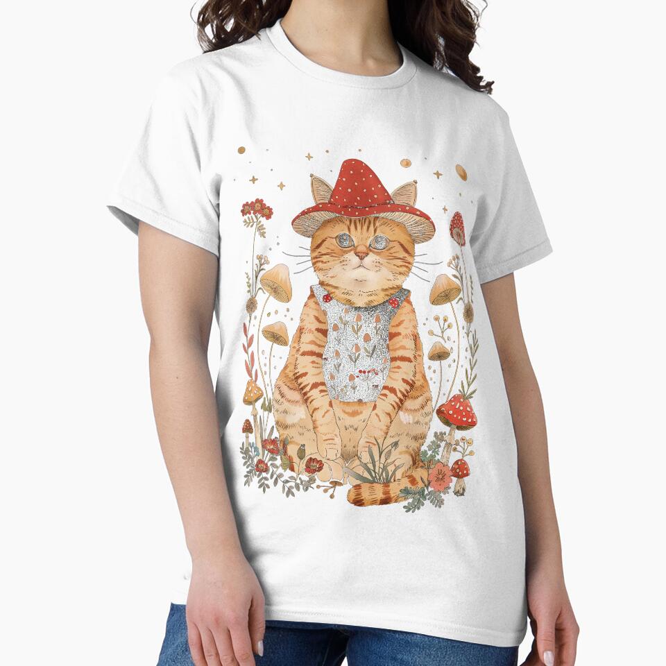 Cottagecore Mushroom Cat T-Shirt – Whimsical Cat in Red Mushroom Hat with Forest Flowers & Stars | Goblincore Aesthetic by Nyx Creates