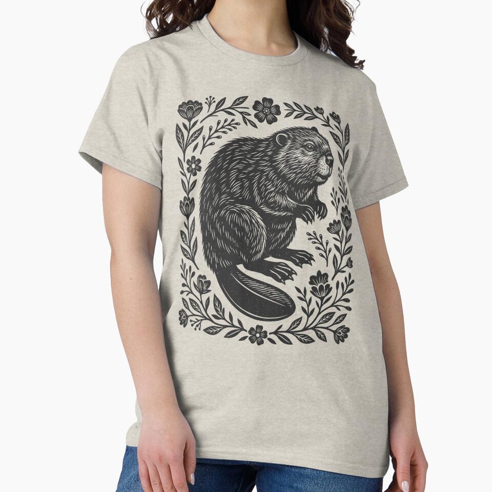 Beaver Linocut Style Floral Woodland Cottagecore by Y-Vibes