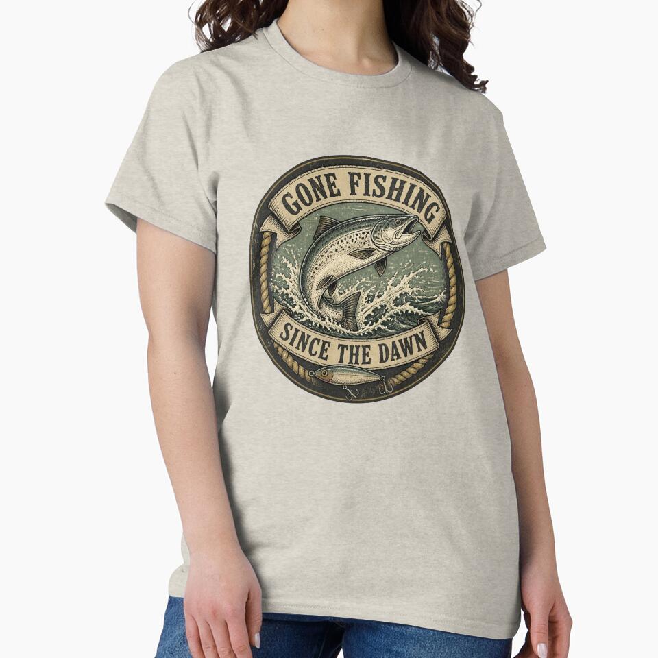 Vintage Gone Fishing Since The Dawn Retro Trout Angler by InkWeaveShop