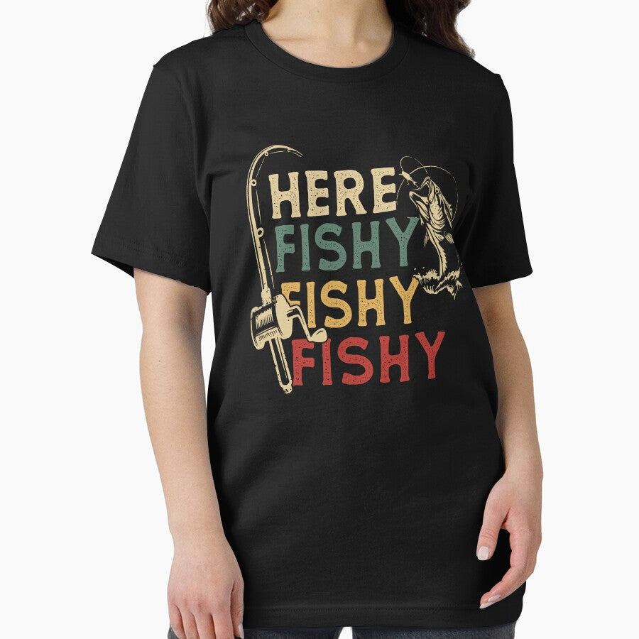 Here Fishy Fishy Fishy funny retro fishing rod fisherman gift for papa birthday by Majesticoo