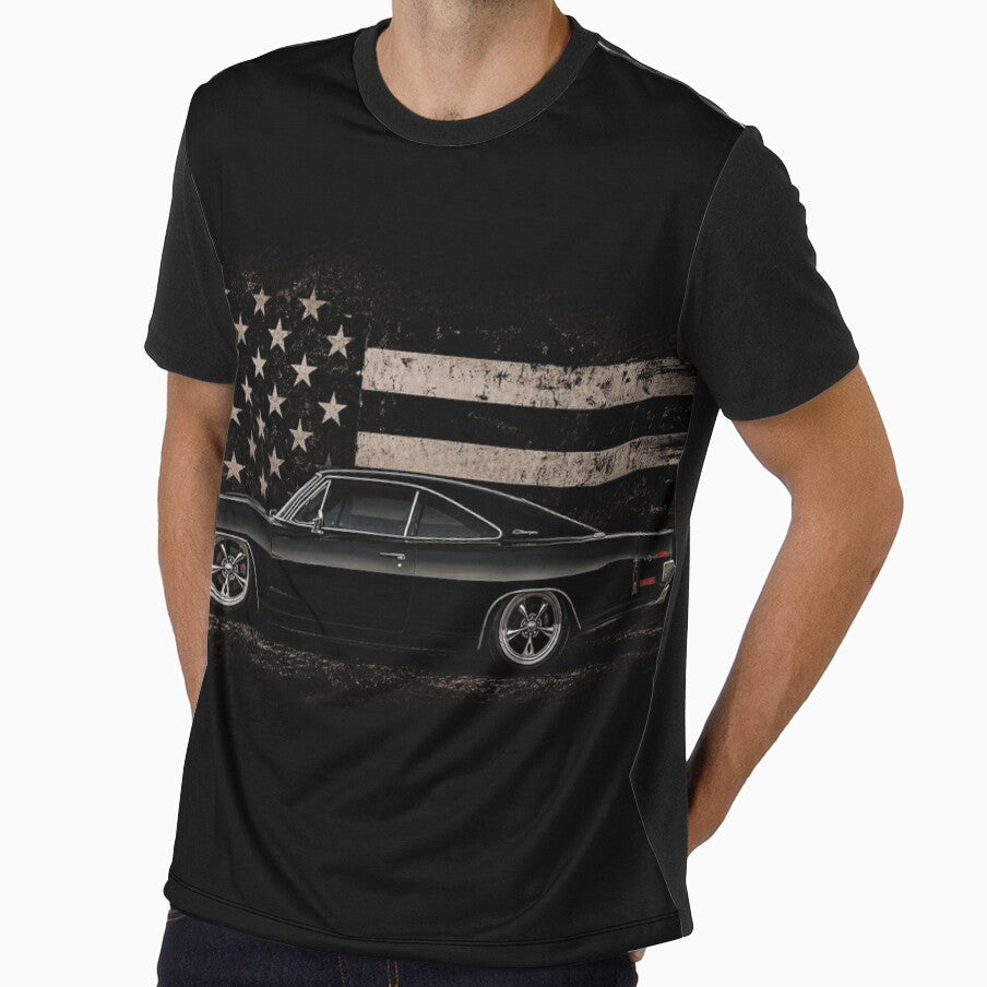Classic Black Dodge Charger with Distressed American Flag | Vintage Muscle Car T-Shirt by Diesel outlaw
