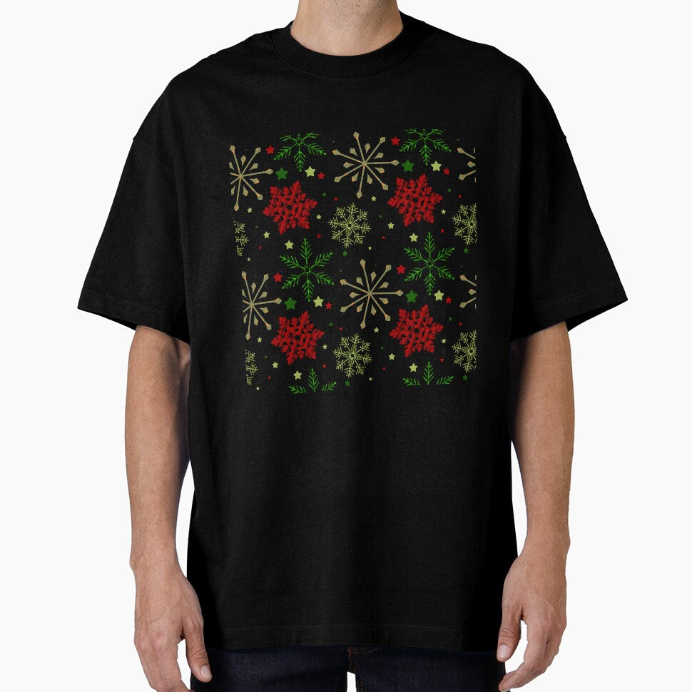 Christmas Snowflakes and Stars Pattern  // Red // Green // Gold by Lavender Mint Graphics