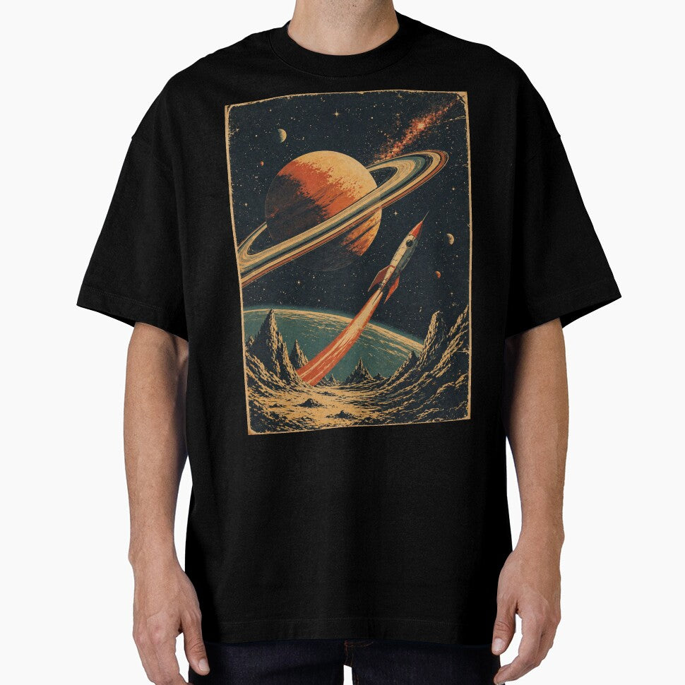 Retro Space Rocket Poster – Vintage Sci-Fi Saturn and Galaxy Illustration by DrizzyV
