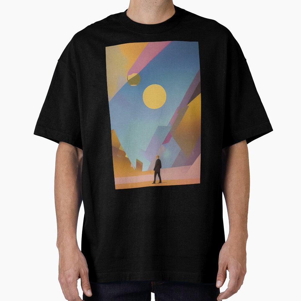 Man walking in a modern abstract art landscape. by angelisart
