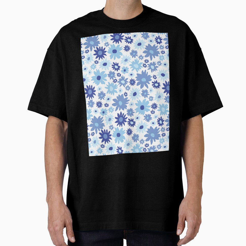 RETRO GROOVY AND FUN FLOWERS WHITE AND BLUE by blomastudios