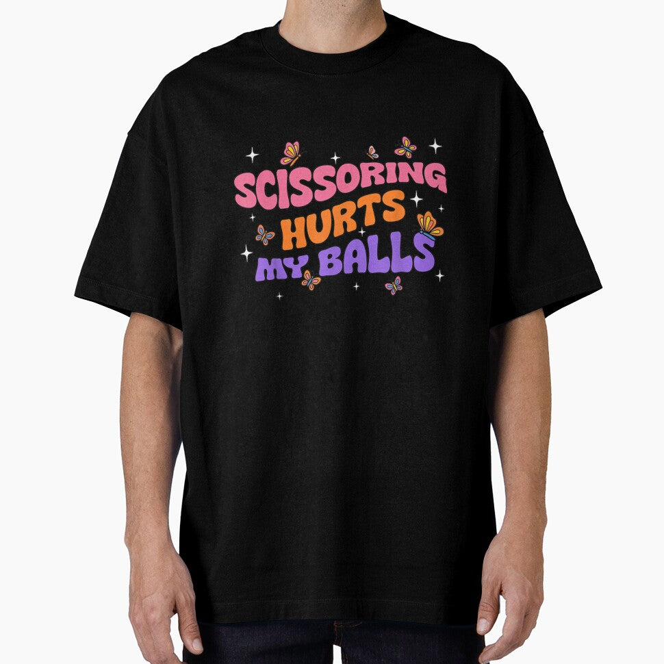 Funny Scissoring Hurts My Balls Vintage Groovy Butterfly Colorful Text Graphic Design by DaphoLatara