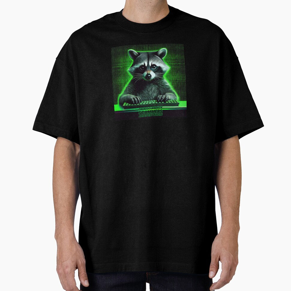 Funny satirical raccoon cryptocurrency scammer warning by Boxing Kangaroo Retail Company