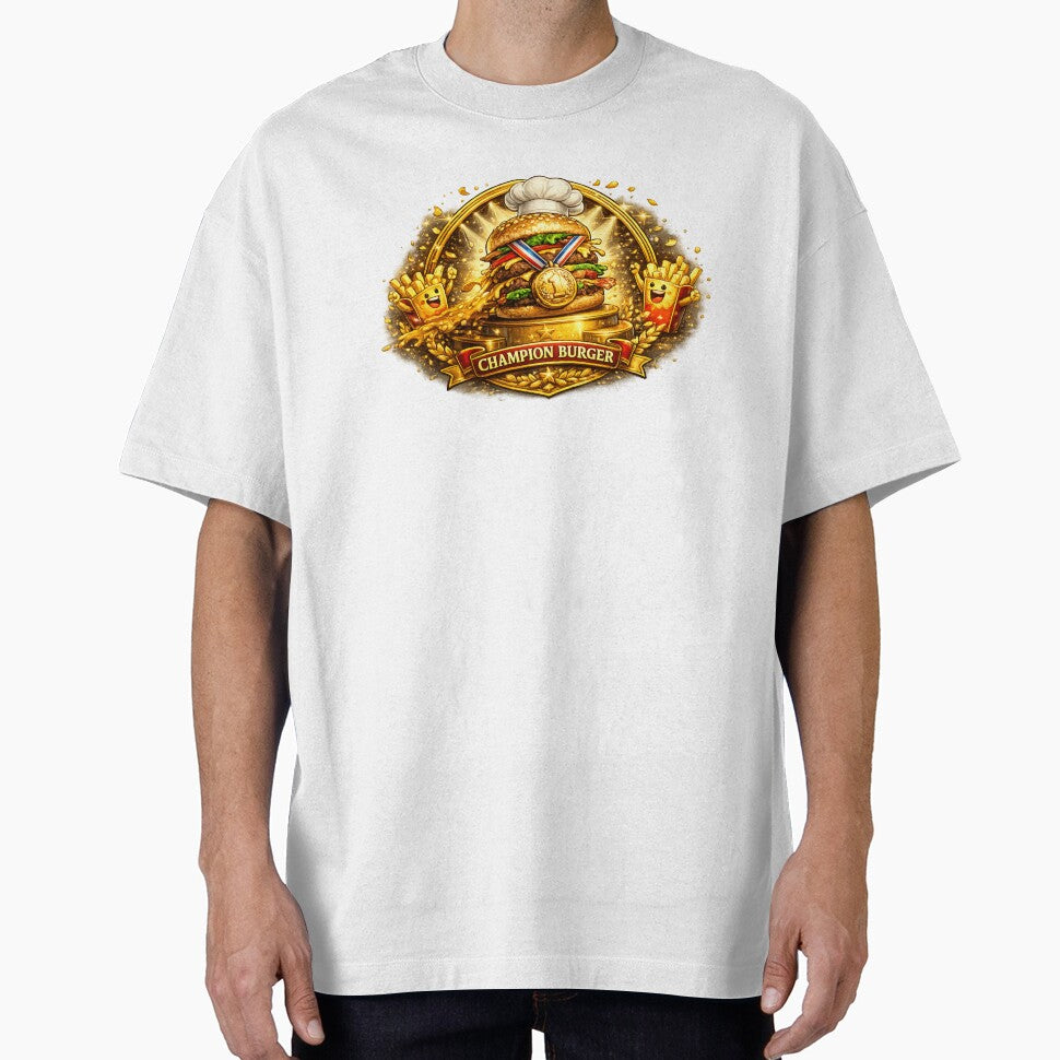 Champion Burger Gold Medal Funny Cheeseburger Vintage T-Shirt & Sticker by irfanshikh