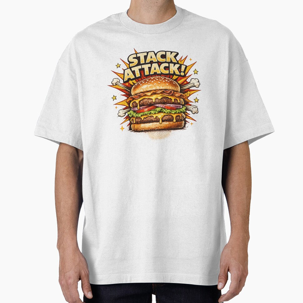 Stack Attack: Comic Book Burger Double Patty Bold Typography Art by irfanshikh