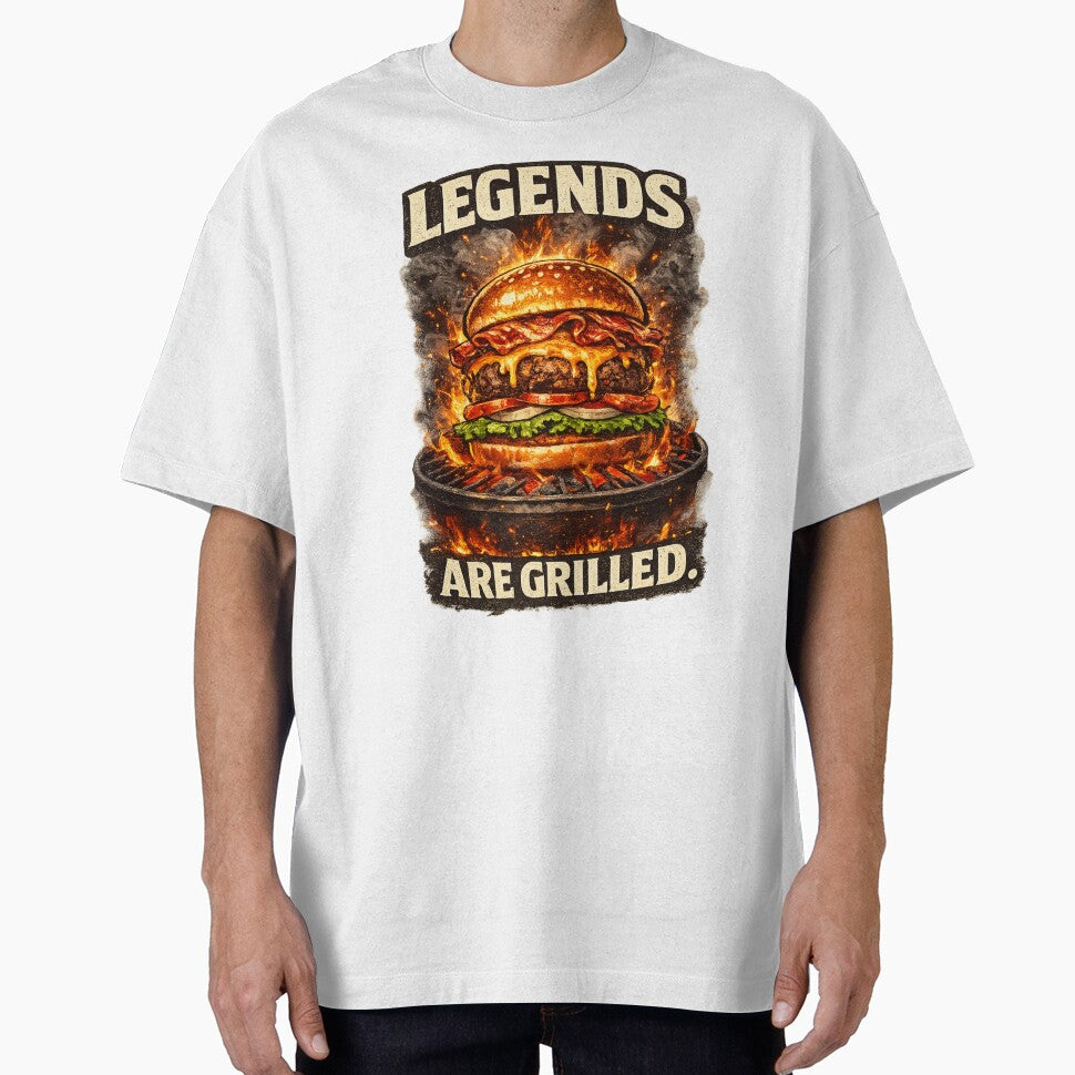Legends Are Grilled: BBQ Fire Campfire Cheeseburger Vintage Art by irfanshikh