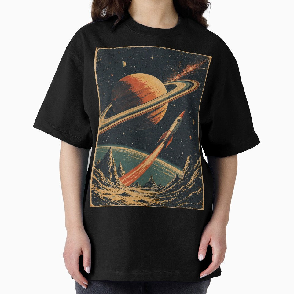 Retro Space Rocket Poster – Vintage Sci-Fi Saturn and Galaxy Illustration by DrizzyV