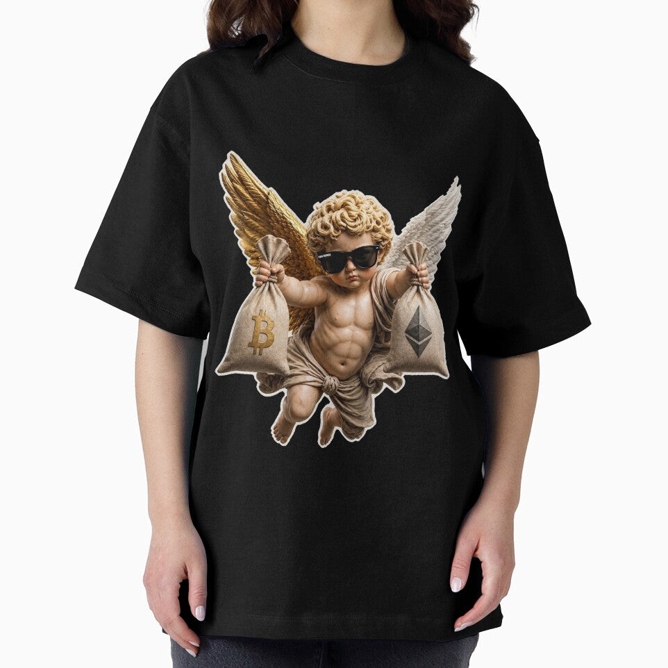 Crypto Angel T-Shirt & Sticker – Bitcoin Ethereum Cherub Design by Puraenergia Stickers