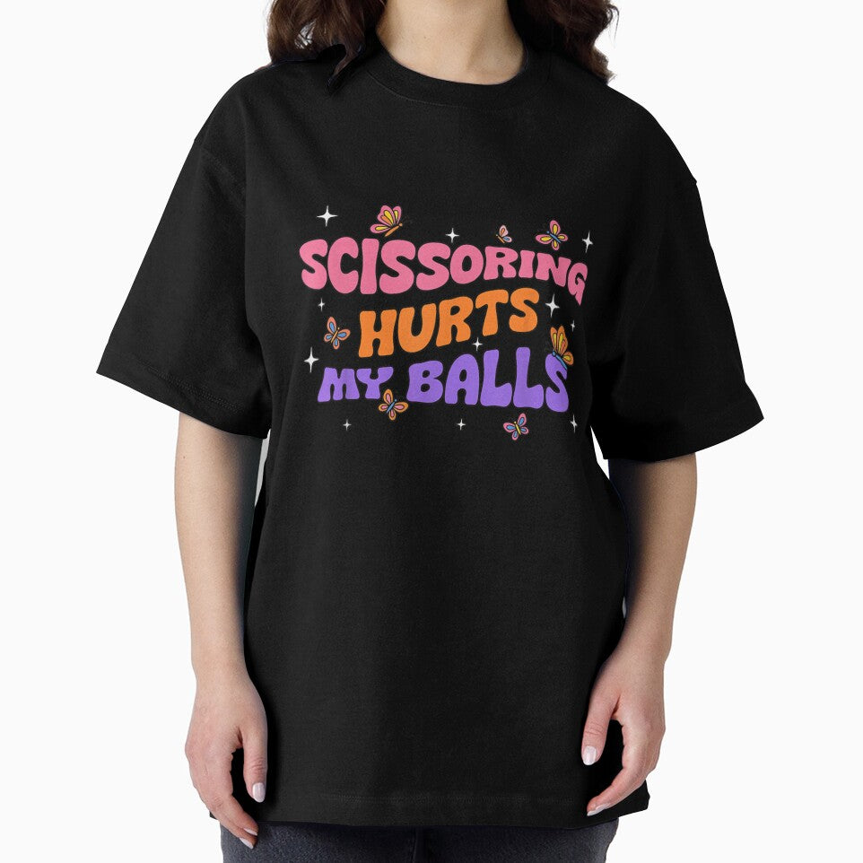 Funny Scissoring Hurts My Balls Vintage Groovy Butterfly Colorful Text Graphic Design by DaphoLatara